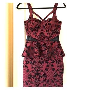 Black and burgundy side mesh peplum mini dress